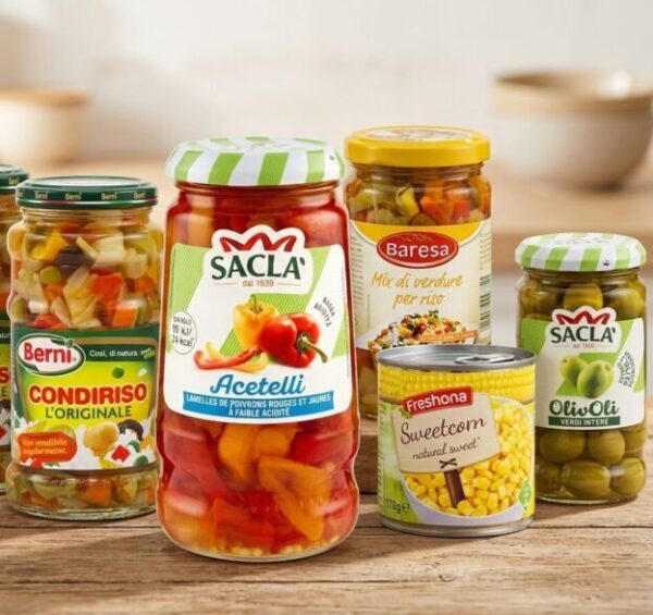 Lot de 5 pots : pot Lamelles de Poivrons Rouges et Jaunes à Faible Acidité + pots de Mélange de Légumes + pot de mais + pot d'olives vertes