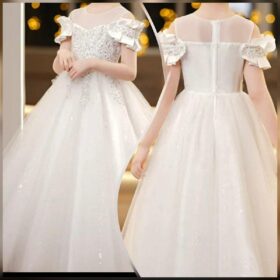 Robe de communion fille en dentelle blanche à traîne – Image 7