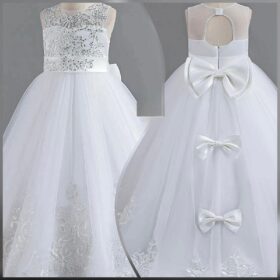 Robe de communion fille en dentelle blanche à traîne – Image 11