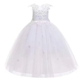 Robe de communion fille en dentelle blanche à traîne – Image 3