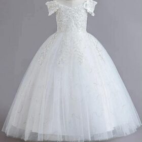 Robe de communion fille en dentelle blanche à traîne – Image 12