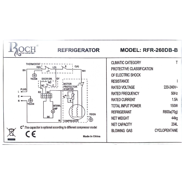 Réfrigérateur combiné congélateur bas ROCH 260DB-B 260DB-- 260L 3T