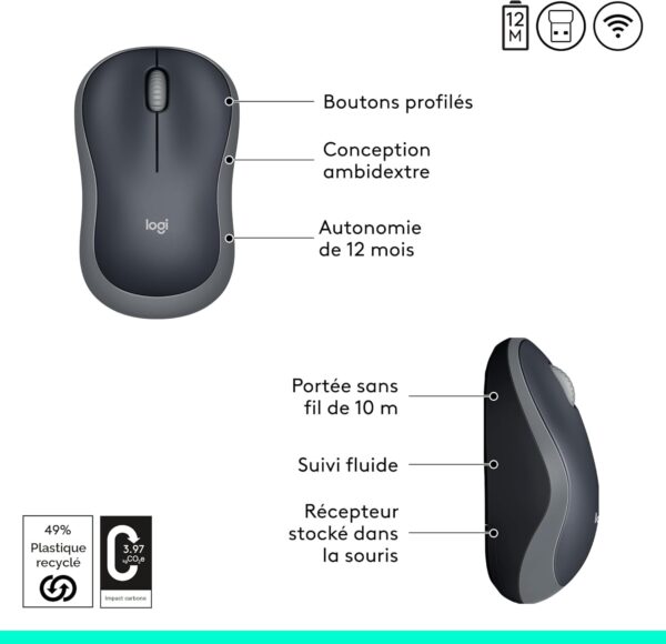 Souris sans fil Logitech M185 — 2,4 GHz, ambidextre, 1000 PPP