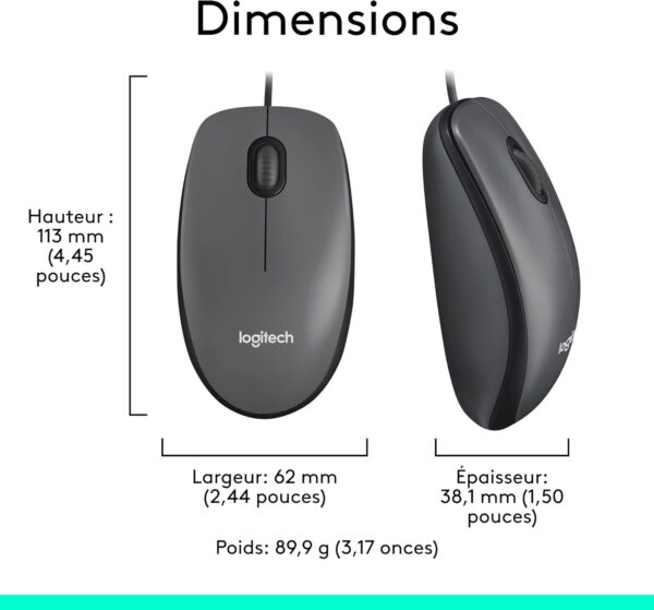 Souris USB filaire Logitech M100 —  ambidextre 3 boutons, 1000 PPP — Gris