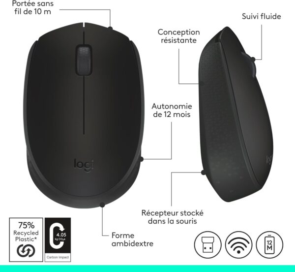 Souris sans fil Logitech M171 — 2,4 GHz (ambidextre, autonomie 12 mois)
