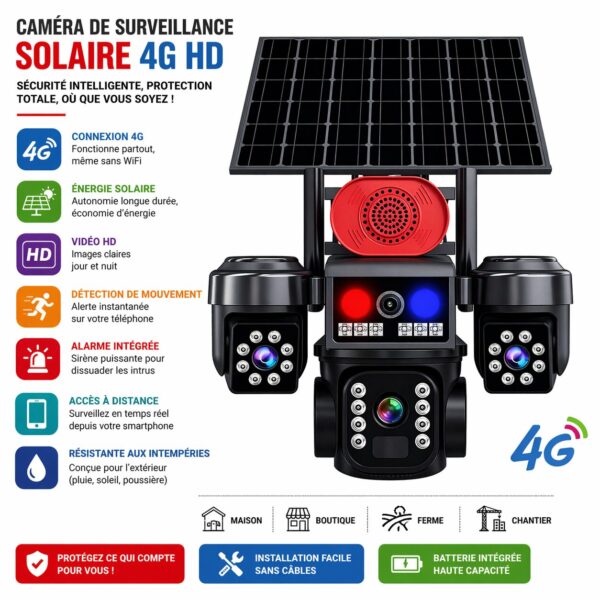 Caméra de Surveillance Extérieure Solaire 4G — HD, Vision Nocturne & Détection de Mouvement