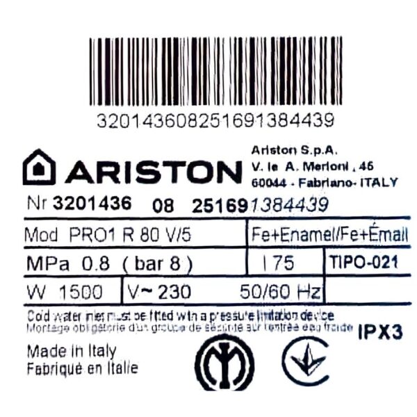Chauffe-eau électrique Ariston - 80 L