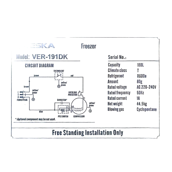 Congélateur vertical DESKA 191DK -180L-6T Congélateur vertical DESKA 191DK -180L-6T