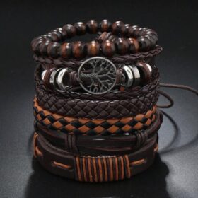 Lot de 6 bracelets homme marron - motif Arbre de Vie en PU tressé – Image 2