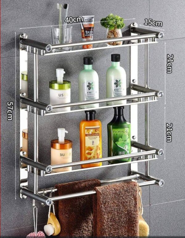 Porte-serviettes mural en acier inoxydable — 3 niveaux avec étagères et crochets Porte-serviettes mural en acier inoxydable — 3 niveaux avec étagères et crochets