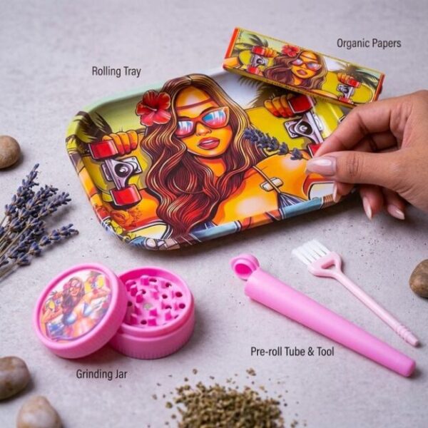 Kit de Roulage 5‑en‑1 « Tropical Skater » — Plateau, Grinder, Tube Hermétique & Accessoires