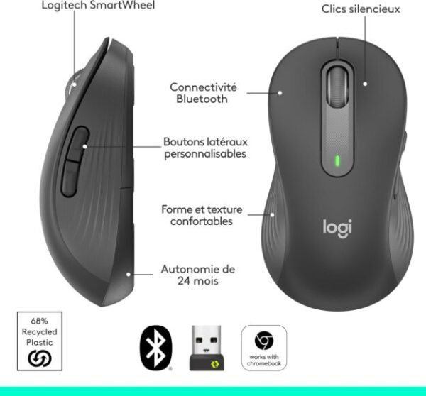 Souris sans fil  Logitech Signature M650 L — pour gaucher, Graphite (Taille L)