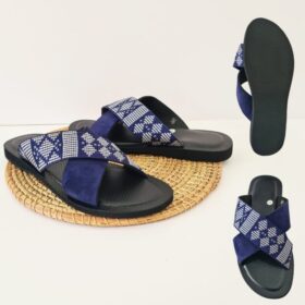 Sandale homme en cuir et pagne tiss&eacute; &mdash; Bleu (43-46)