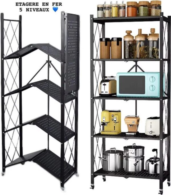 Étagère de rangement pliante en acier – versions 3/4/5 niveaux (noir) avec roulettes verrouillables