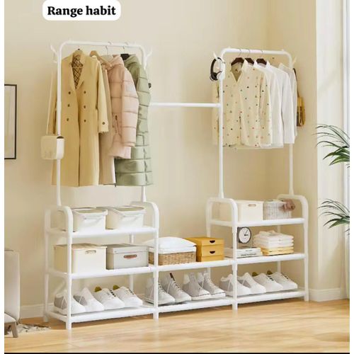 Porte‑vêtements 3 niveaux avec étagère en tissu pour chaussures