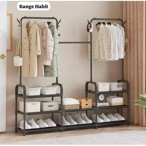 Porte‑vêtements 3 niveaux avec étagère en tissu pour chaussures