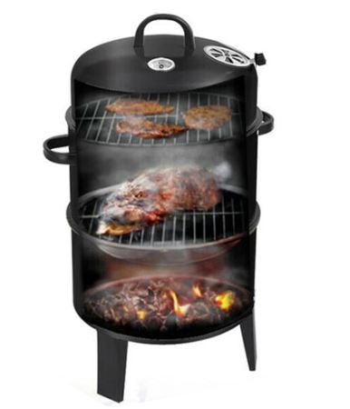 Fumoir 3-en-1 (Ø40 cm, H84 cm) – Barbecue charbon avec thermomètre et bacs émaillés