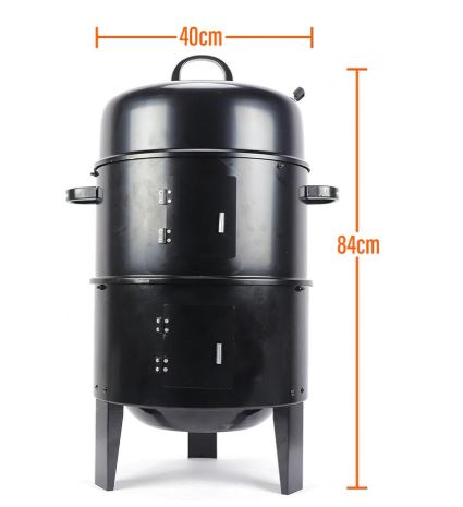 Fumoir 3-en-1 (Ø40 cm, H84 cm) – Barbecue charbon avec thermomètre et bacs émaillés
