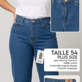 Jean femme Cotonville — Coupe droite taille haute • Taille 54 (Bleu denim, 100% coton) Jean femme Cotonville — Coupe droite taille haute • Taille 54 (Bleu denim, 100% coton)