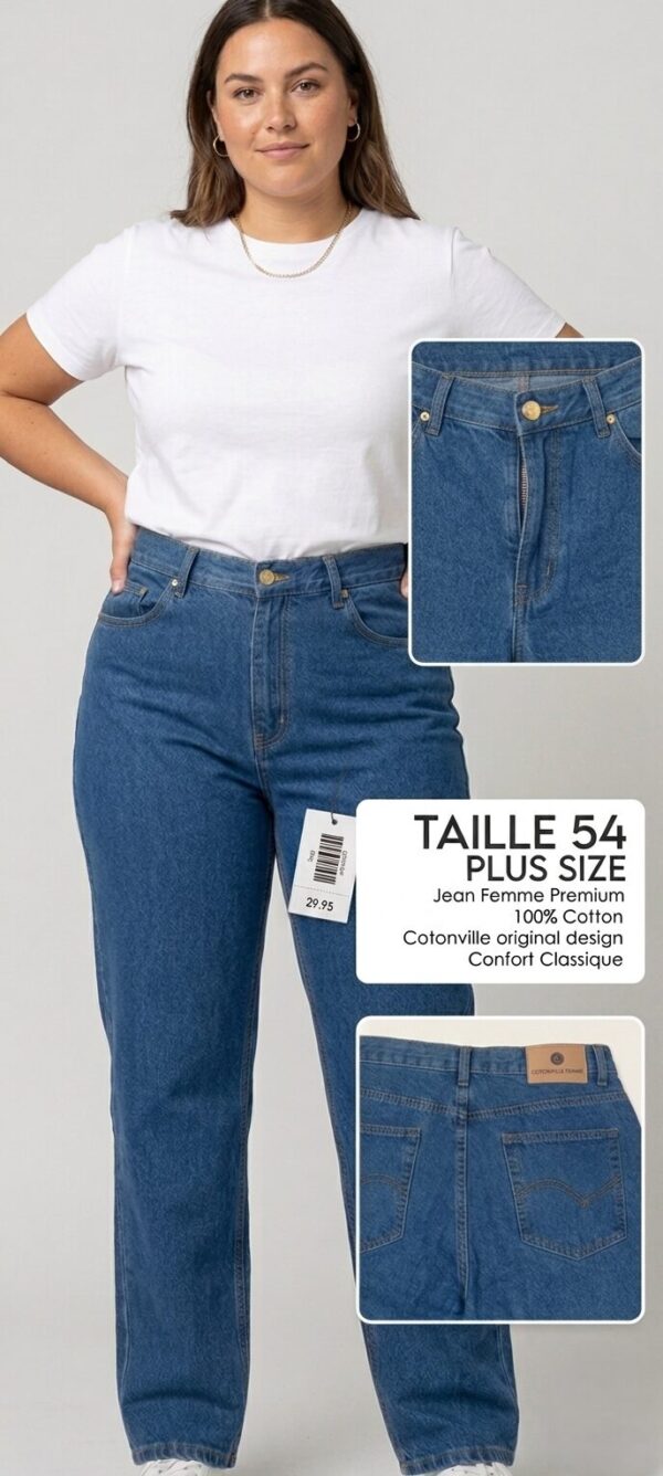 Jean femme Cotonville — Coupe droite taille haute • Taille 54 (Bleu denim, 100% coton)