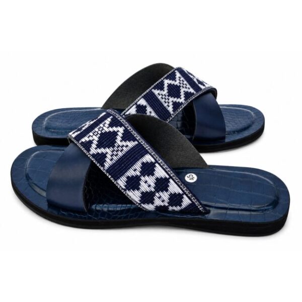Sandale homme cuir & pagne tissé — bleu/blanc, modèle croisé (44–45)