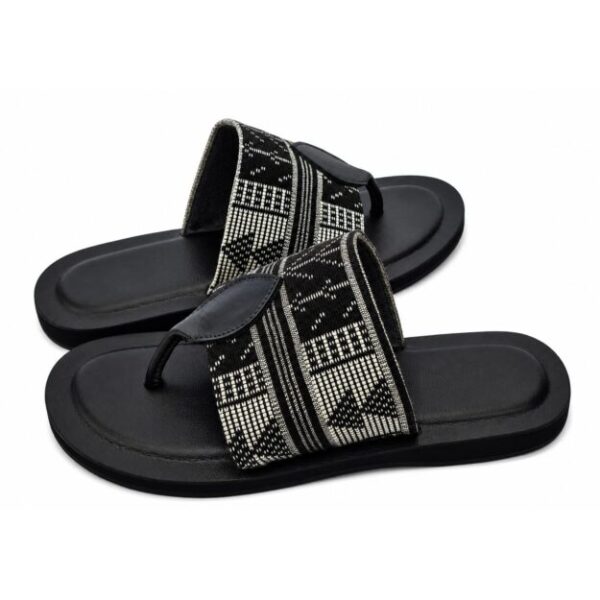 Sandale homme cuir & pagne tissé — Noir / Beige (point. 45-46) Sandale homme cuir & pagne tissé — Noir / Beige (point. 45-46)