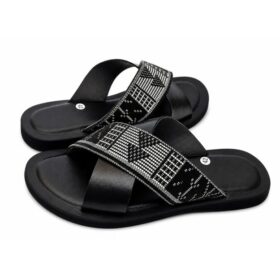 Sandales homme cuir et pagne tissé — Bleu (42‑46)