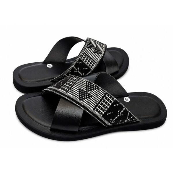 Sandale homme cuir et pagne tissé — Noir/Beige (42, 43) Sandale homme cuir et pagne tissé — Noir/Beige (42, 43)
