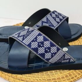 Sandale homme en cuir & pagne tiss&eacute; &mdash; Bleu (41&ndash;46)