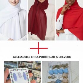 Lot 3 Voiles en Mousseline + Épingles Anti‑glisse & Barrettes (Blanc, Bordeaux, Rouge)