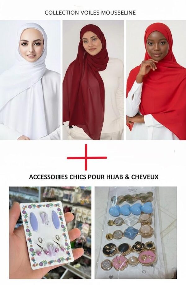 Lot 3 Voiles en Mousseline + Épingles Anti‑glisse & Barrettes (Blanc, Bordeaux, Rouge) Lot 3 Voiles en Mousseline + Épingles Anti‑glisse & Barrettes (Blanc, Bordeaux, Rouge)
