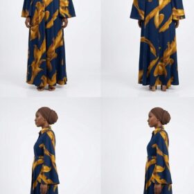 Robe Longue Élégante à Motifs Feuilles – Bleu & Or - taille standard – Image 2
