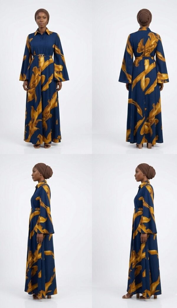 Robe Longue Élégante à Motifs Feuilles – Bleu & Or - taille standard Robe Longue Élégante à Motifs Feuilles – Bleu & Or - taille standard