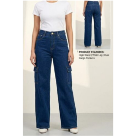 Pantalon Jean Cargo Femme Taille Haute - Bleu Jean - 32