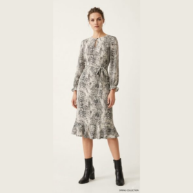 Robe à imprimé serpent – Coupe cintrée avec volant – Gris/Noir - taille 36 Robe à imprimé serpent – Coupe cintrée avec volant – Gris/Noir - taille 36