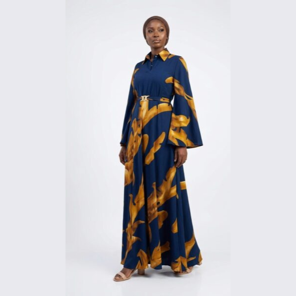 Robe Longue Élégante à Motifs Feuilles – Bleu & Or - taille standard Robe Longue Élégante à Motifs Feuilles – Bleu & Or - taille standard