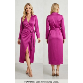 Robe portefeuille en satin — Rose fuchsia (Taille S)