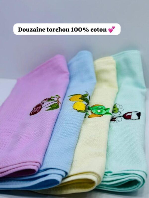 Lot de 12 torchons de cuisine 100% coton – absorbants, motifs brodés, couleurs pastel