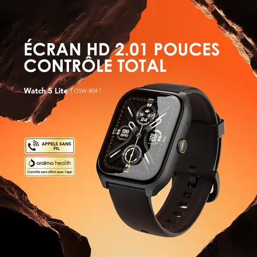 Oraimo Watch 5 (OSW-804) — Montre connectée 2,01" HD, appels Bluetooth, suivi santé & 105 modes sportifs Oraimo Watch 5 (OSW-804) — Montre connectée 2,01" HD, appels Bluetooth, suivi santé & 105 modes sportifs