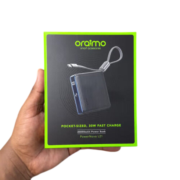 Oraimo PowerNova L21 — Powerbank 20 000 mAh, Charge 30W AniFast™ (Câble USB‑C intégré) Oraimo PowerNova L21 — Powerbank 20 000 mAh, Charge 30W AniFast™ (Câble USB‑C intégré)