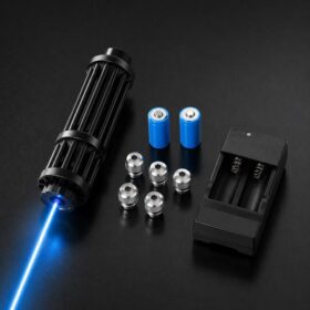 Pointeur Laser Bleu Tactique — Kit 5 embouts, 2 batteries rechargeables & chargeur Pointeur Laser Bleu Tactique — Kit 5 embouts, 2 batteries rechargeables & chargeur