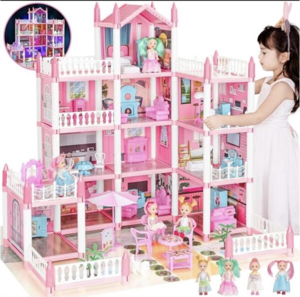 Jouet en Maison de poupée rose — kit complet avec poupée, mobilier et éclairage (62 × 48 × 61 cm) Jouet en Maison de poupée rose — kit complet avec poupée, mobilier et éclairage (62 × 48 × 61 cm)
