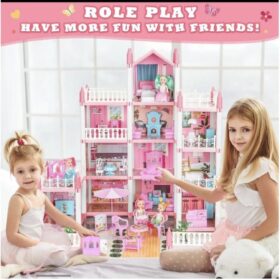 Jouet en Maison de poupée rose — kit complet avec poupée, mobilier et éclairage (62 × 48 × 61 cm) – Image 3