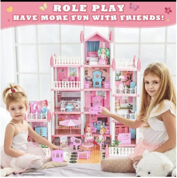 Jouet en Maison de poupée rose — kit complet avec poupée, mobilier et éclairage (62 × 48 × 61 cm) Jouet en Maison de poupée rose — kit complet avec poupée, mobilier et éclairage (62 × 48 × 61 cm)