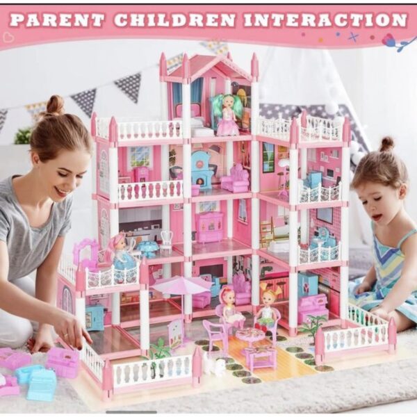 Jouet en Maison de poupée rose — kit complet avec poupée, mobilier et éclairage (62 × 48 × 61 cm) Jouet en Maison de poupée rose — kit complet avec poupée, mobilier et éclairage (62 × 48 × 61 cm)