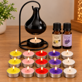 Coffret parfum d'ambiance (brûle-parfum, 15 bougies, 2 huiles — noir ou blanc) – Image 4