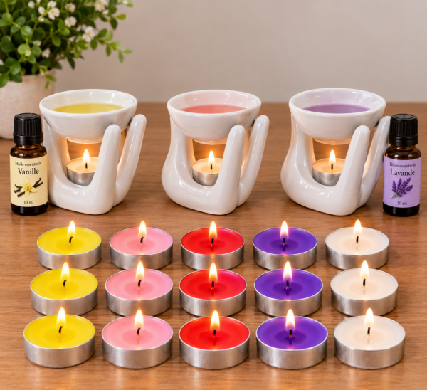 Coffret parfum d'ambiance (brûle-parfum, 15 bougies, 2 huiles — noir ou blanc) Coffret parfum d'ambiance (brûle-parfum, 15 bougies, 2 huiles — noir ou blanc)