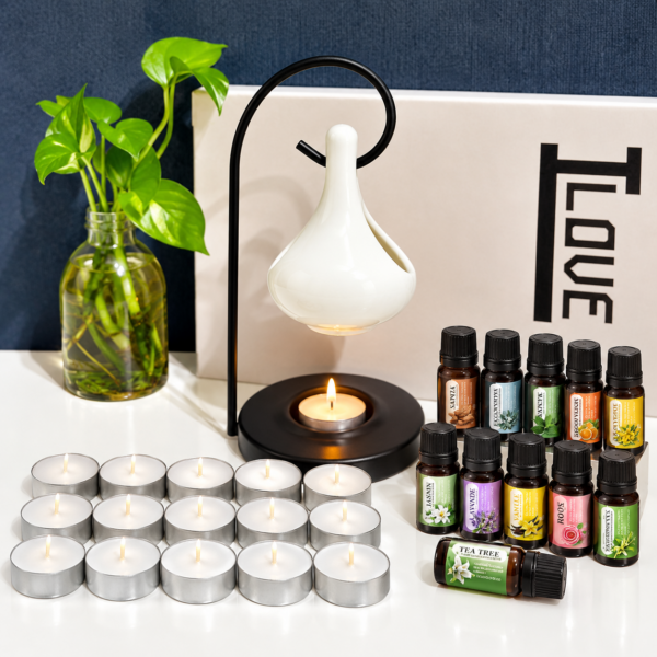 Coffret parfum d'ambiance (brûle-parfum, 15 bougies, 2 huiles — noir ou blanc) Coffret parfum d'ambiance (brûle-parfum, 15 bougies, 2 huiles — noir ou blanc)