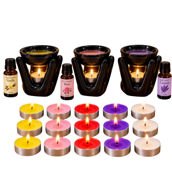 Coffret parfum d'ambiance (brûle-parfum, 15 bougies, 2 huiles — noir ou blanc) Coffret parfum d'ambiance (brûle-parfum, 15 bougies, 2 huiles — noir ou blanc)