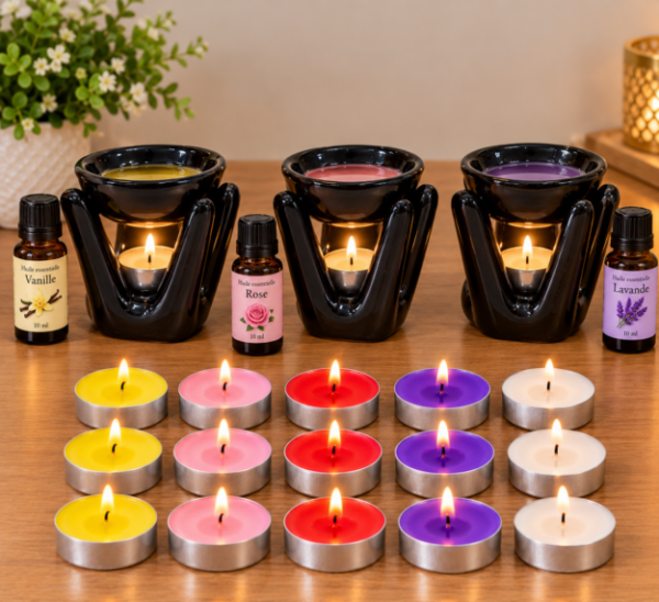 Coffret parfum d'ambiance (brûle-parfum, 15 bougies, 2 huiles — noir ou blanc) Coffret parfum d'ambiance (brûle-parfum, 15 bougies, 2 huiles — noir ou blanc)
